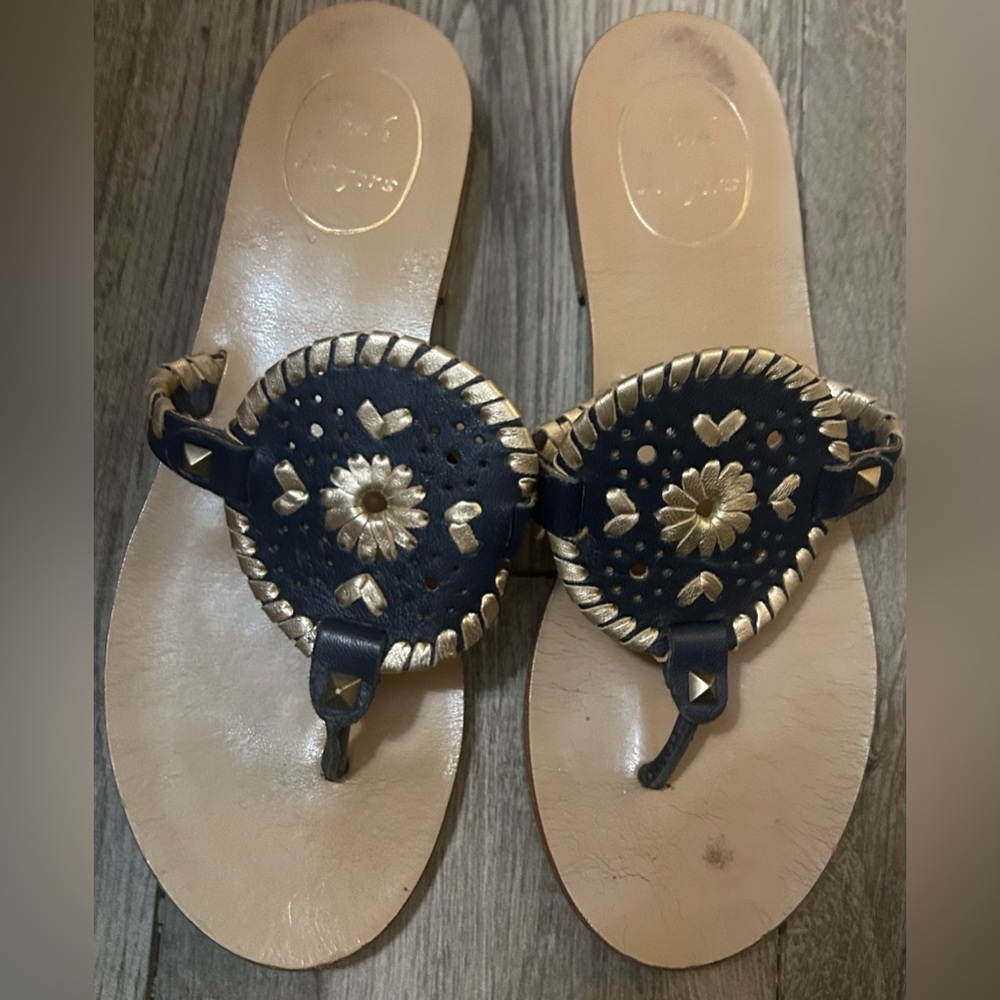 Jack Rogers Georgica Gold and Navy leather Sandals size 6